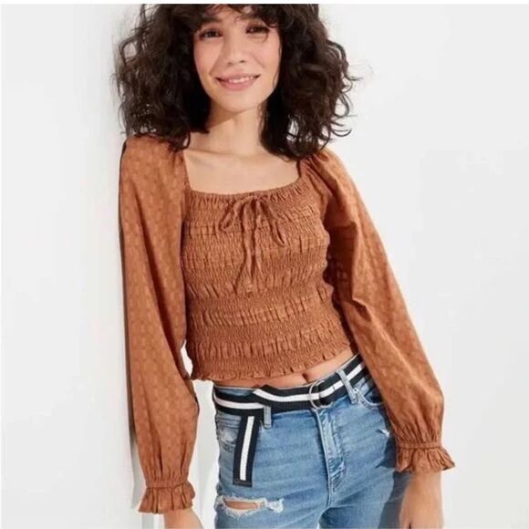 American Eagle Outfitters Tops - American Eagle Smocked Blouse NEW Brown Puff Long Sleeve Size Medium Square Neck